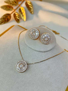 Kit colar/brinco LUXO botão zircônia detalhada COSN06 - Ruchelli Bijoux