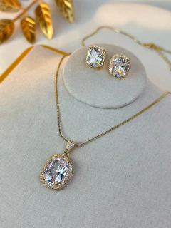 Kit colar/brinco LUXO quadrado borda cravejada COSN06 - Ruchelli Bijoux