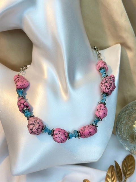 Colar pedra rústica rosa e turquesa COCE01 - comprar online