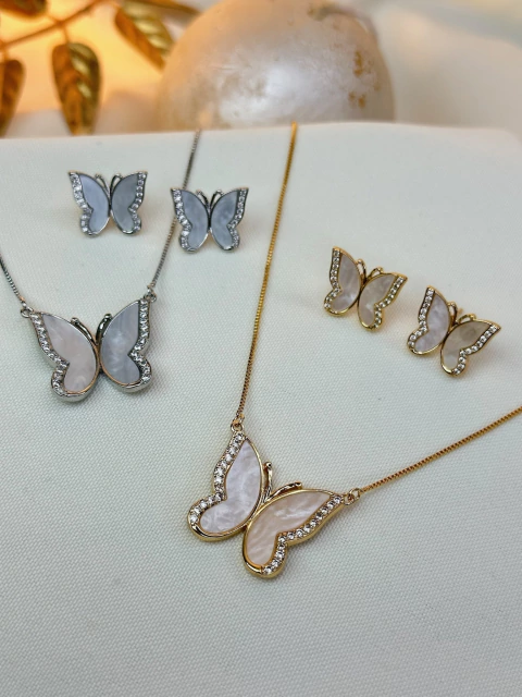 Kit colar e brinco madrepérola/borda COCL04 - comprar online