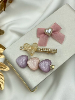 Trio bico de pato lr38 laço e coração rose / corações rosa e lilás