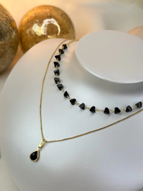 Colar FOLHEADO duplo cascalho preto CORN03 - comprar online