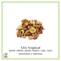 Mix tropical de frutos secos ( pasas rubias, pasas negras, cajú, nuez, almendras, bananas ) - 100 grs - fraccionado
