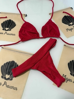 Biquíni cortininha móvel vermelho canelado - Migas Praianas