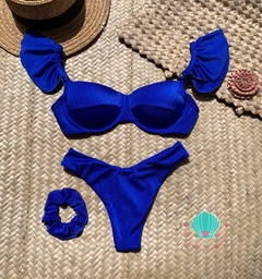 Biquíni meia taça com babados azul royal glow