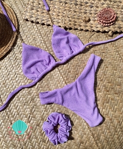 Biquíni cortininha móvel com correntes lavanda plissê