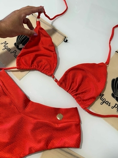 Biquíni cortininha móvel laranja canelado glow - Migas Praianas