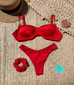 Biquíni meia taça com correntes vermelho glow