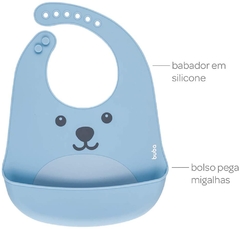 Babador de Silicone com Pega Migalhas Gumy Azul Buba na internet