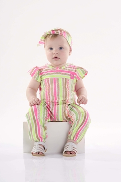 Macacão com faixa Up Baby listrado com rosa