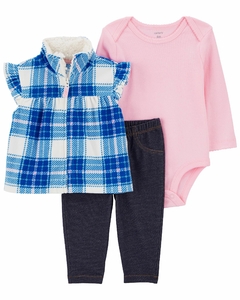 Conjunto carters 3 peças calça jeans, body e colete fleece xadrez