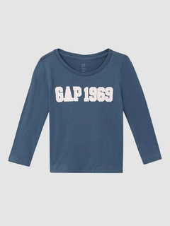 Blusa manga longa em algodão azul logo GAP