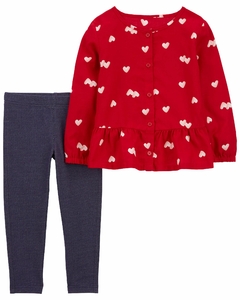Conjunto carters 2 peças legging jeans e bata vermelho coração