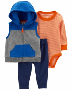 Conjunto carters 3 peças calça, body e colete fleece azul cinza e laranja