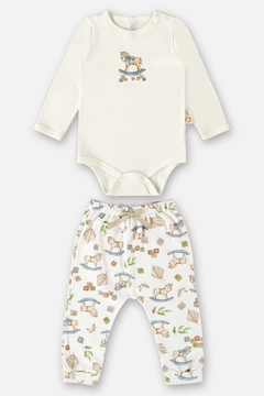 Conjunto body manga longa e calça algodão off white cavalinhos Up Baby
