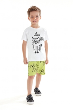 Conjunto Camiseta Algodão e Bermuda Moletom Branco especial Gato- Up Baby