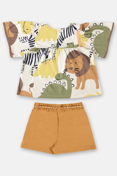 Conjunto bata safari e short linho marrom Up Baby - loja online