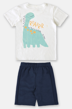 Conjunto bermuda moletom e blusa branco com azul dino Up Baby - Helena Magalhães