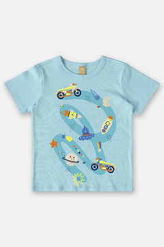 Pijama camiseta e bermuda algodão azul espaço Up Baby - Helena Magalhães