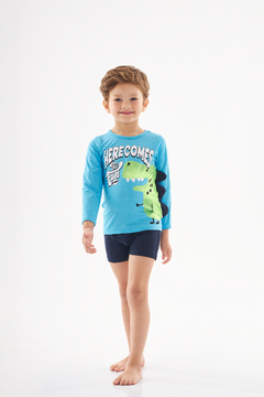 Conjunto moda praia com proteção UV azul dino Up Baby