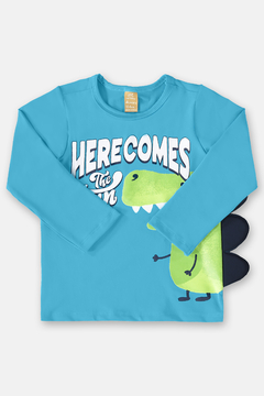 Conjunto moda praia com proteção UV azul dino Up Baby - Helena Magalhães