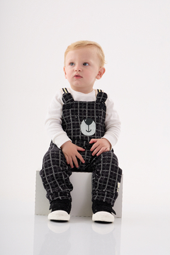 Conjunto jardineira Jacquard e body suedine com preto Up Baby