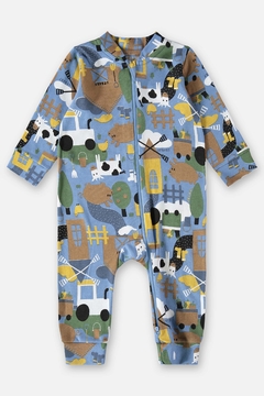 Macacão algodão sem pe e com ziper azul fazendinha Up Baby