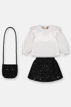 Conjunto Up Baby blusa em tecido, saia e bolsa em veludo paete natural - comprar online
