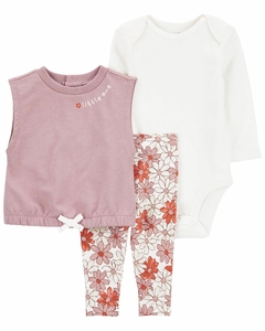 Conjunto carters 3 peças calça body e colete lilas floral