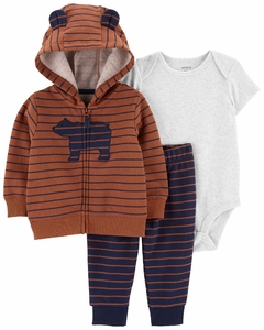 Conjunto carters 3 peças calça body e jaqueta marrom e azul urso