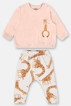 Conjunto Up baby blusao e calça molecoton rosa girafinha