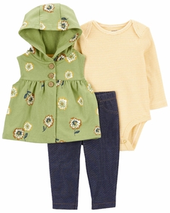 Conjunto carters 3 peças calça body e colete fleece verde floral
