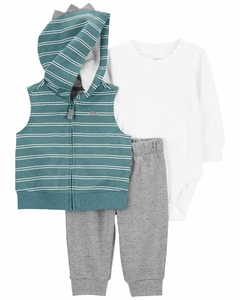 Conjunto carters 3 peças calça, body e colete com capuz dino azul e cinza
