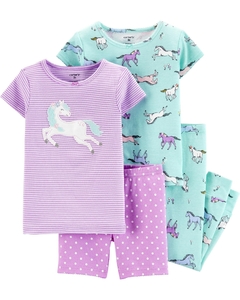 Pijama Carters 4 peças algodão azul com lilas unicórnio