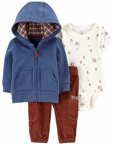 Conjunto carters 3 peças calça veludo marrom, body e jaqueta azul com capuz xadrez