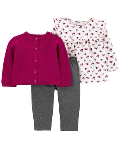 Trio Carters com cardigan tricot bordo com bata floral