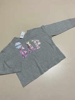 Blusa manga longa cinza lantejoulas logo GAP
