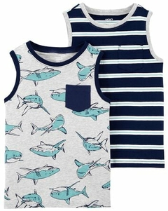 Kit 2 Camisetas regatas Carters listras e tubarão