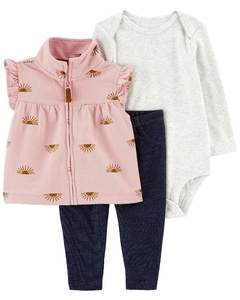 Conjunto carters e peças calça jeans body e colete rosa sol
