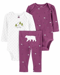 Conjunto carters 3 peças bodys e calça lilas urso