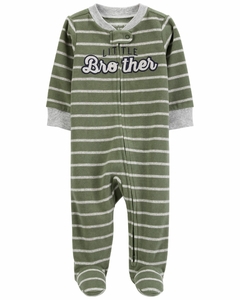 Macacão carters com pe e ziper fleece verde listrado little brother