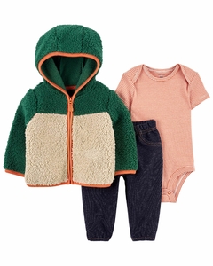 Conjunto carters 3 peças calça jeans, body e jaqueta sherpa verde e creme