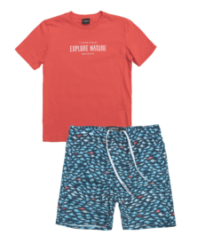 Conjunto King & Joe short nylon e camiseta peixes vermelho
