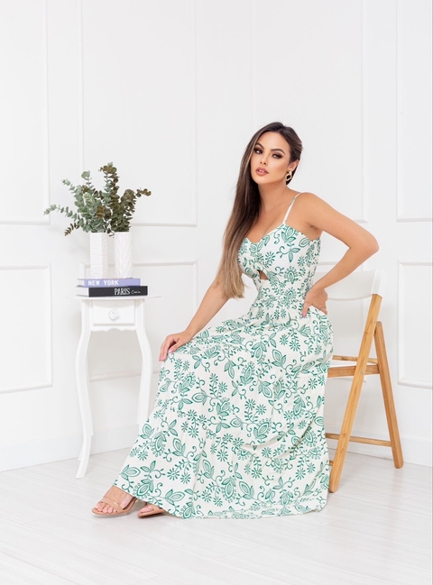 Vestido Decote Laço Flores Tricoline