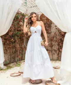 Vestido Decote Laço Liso Tricoline