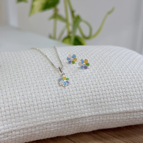 Conjunto de Prata Infantil Colar + Brinco flor Colorida
