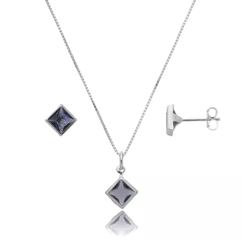 Conjunto de Prata Colar + Brinco Acoplado Quadrado Lilás