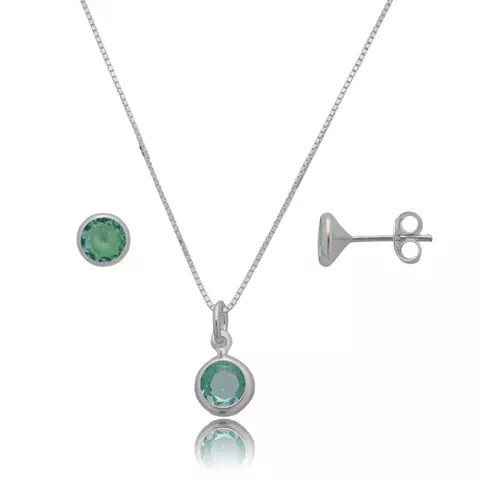 Conjunto de Prata Colar + Brinco Acoplado Redondo Verde Limão