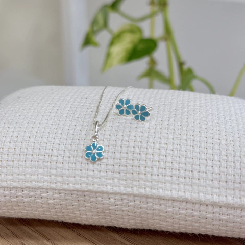 Conjunto de Prata Infantil Colar + Brinco Flor Turquesa