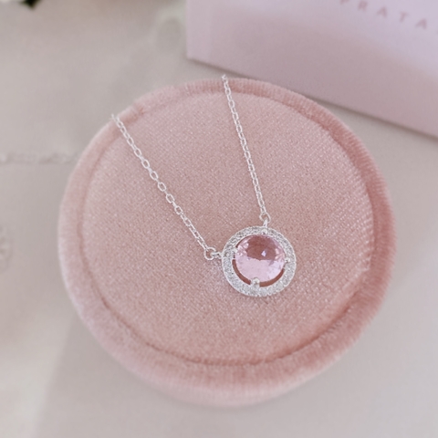Colar Luxo Redondo Cravejado Zircônia Rosa
